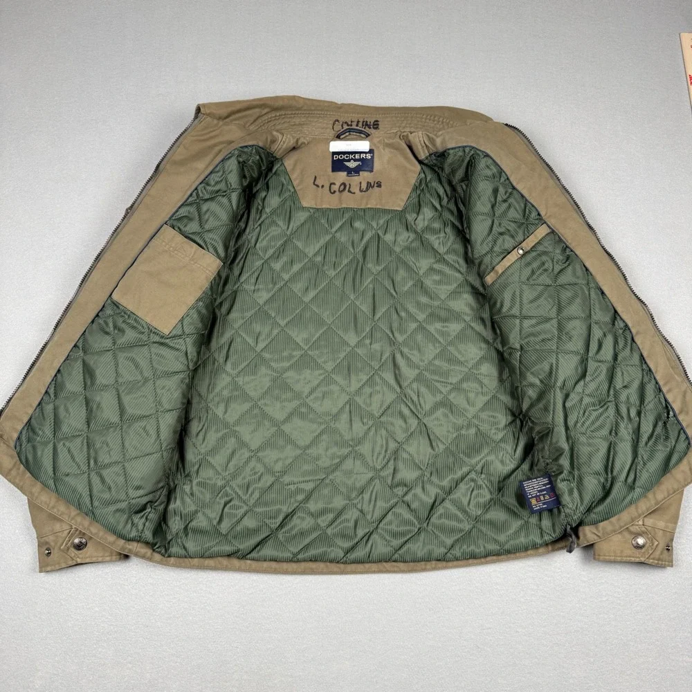 Dockers Mens Harrington Jacket Large Khaki Tan Quilt Lined Full‎ Zip GrandpaCore - Picture 2 of 9